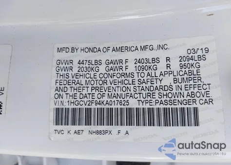 2019 Honda Accord Touring 2.0T from USA, damaged, VIN 1HGCV2F94KA017625